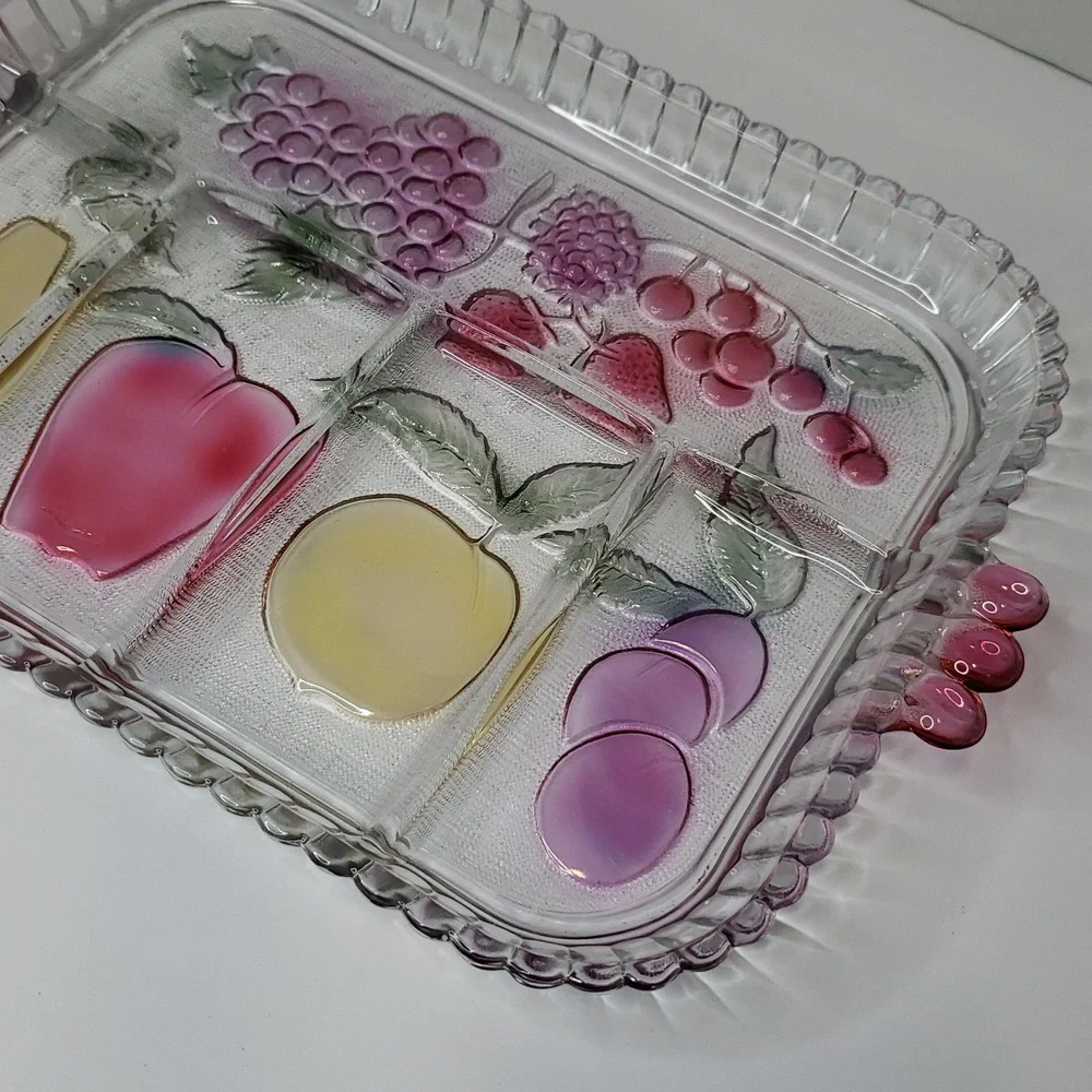 Vintage Clear Glass Divided‎ Relish Tray with Fruit Design and Pink Handles
